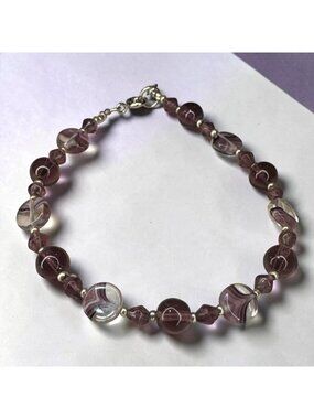 Purple Glass Bead Bracelet With Silver Accents & Lobster Clasp - 7 Inch Handmade